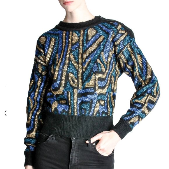 Christian Dior Vintage Metallic Sweater Blue Gold Black Geometric Pattern Size S - Picture 1 of 9
